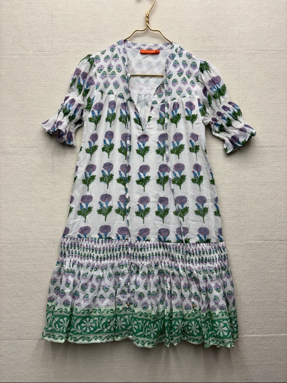 Oliphant | Floral Midi Dress in White with Purple & Green Print XS